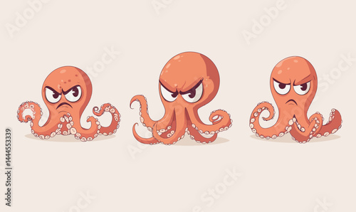 Fantasy Cartoon Octopus Characters with Angry Expressions in Minimalist Style