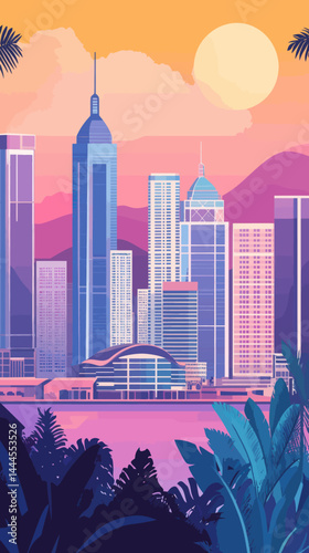 Retro Style Hong Kong Cityscape Poster for Exotic Summer Travel and Holidays