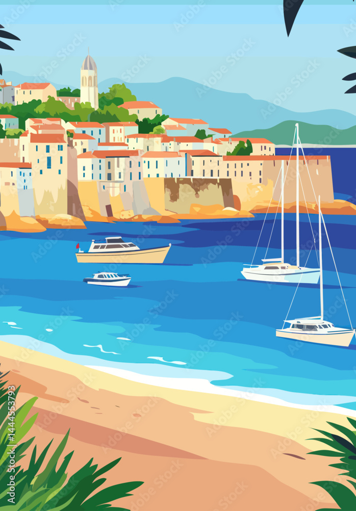 Obraz premium Retro Corsica Travel Poster: French Riviera Summer Vacation Art Illustration