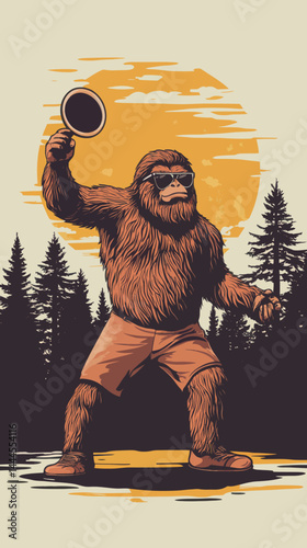 Sasquatch Disc Golf Throw Vintage Vector Art with Sunglasses in Wilderness Setting