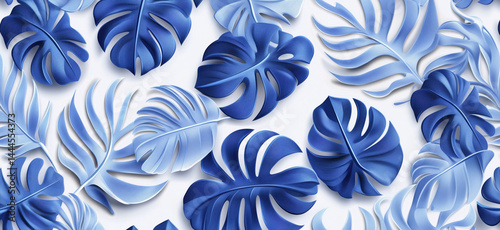 Blue tropical leaves pattern in various shades of blue for modern design.