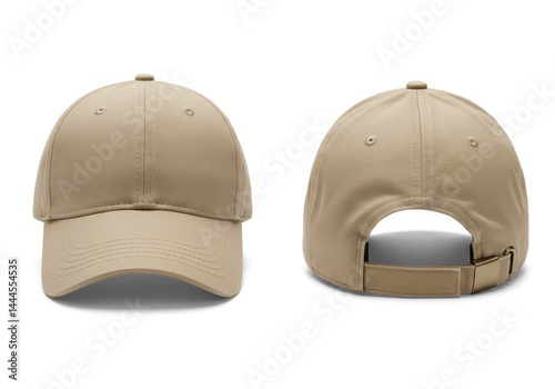 A front and back view of a khaki baseball cap isolated on a white background in a studio shot