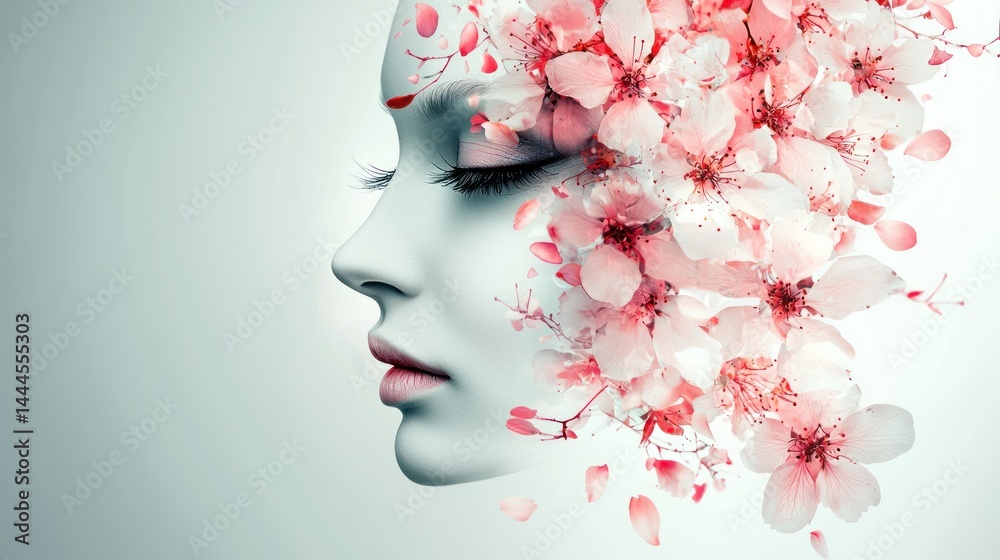 Face adorned with floral petals in an artistic style Face adorned with floral petals in an artistic style