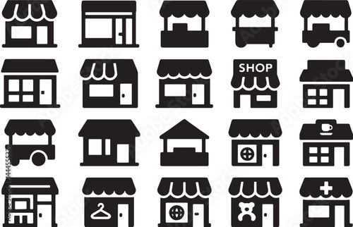 Flat vector shop and stall icons in black silhouette style for business, retail, and UI design