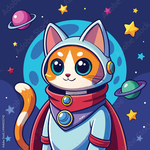 Discover the charm of an adorable astronaut cat dressed in a cloak, ready to explore the universe. This cute feline brings a whimsical touch to space adventures, capturing hearts with its endearing lo