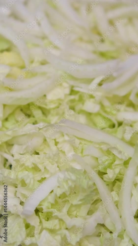 Housewife cuts white cabbage thinly for making a vegetable salad. Close-up of female hands chopping white cabbage on a wooden cutting board on the kitchen table. The concept of veganism Housewife cuts white cabbage thinly for making a vegetable salad. Close-up of female hands chopping white cabbage on a wooden cutting board on the kitchen table. The concept of veganism