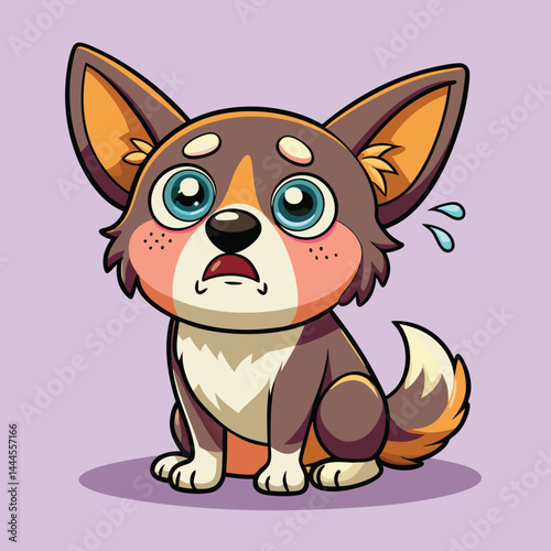 Witness the emotional portrayal of a cute dog shedding tears in a poignant cartoon icon illustration, designed in a flat style. This heartfelt image captures the sensitive and tender side of our canin