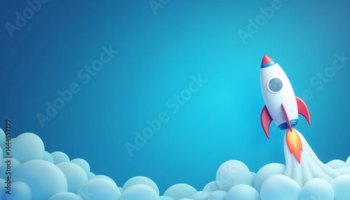 Blue background with space rocket and copy space. It's a boy backdrop with empty space for text. Baby shower or birthday invitation, party. Baby boy birth announcement. Men's Day.