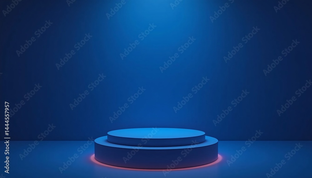 Abstract dark blue background with neon lights, empty round podium for product display. Abstract dark blue background with neon lights, empty round podium for product display.