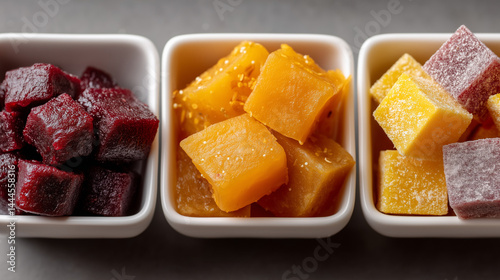 Vibrant Vegetable Medley: A culinary display featuring three distinct bowls brimming with colorful, perfectly diced vegetables – a feast for the eyes.