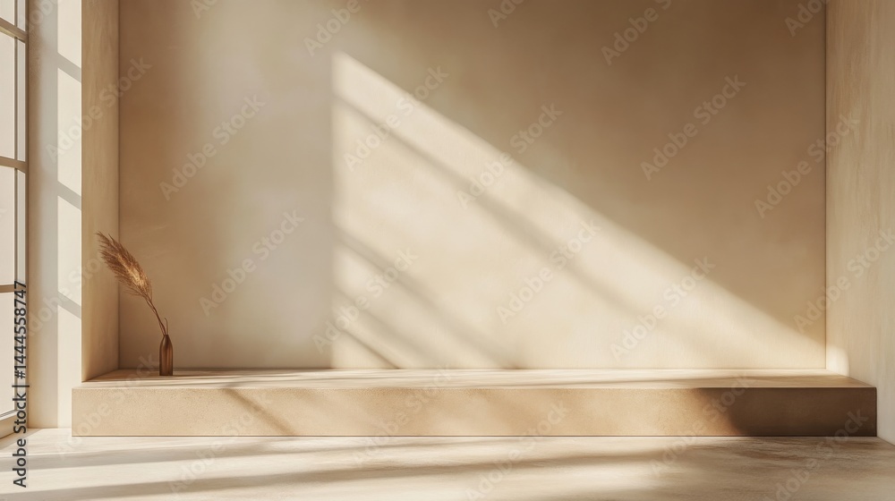 Beige interior display with natural light and shadows.