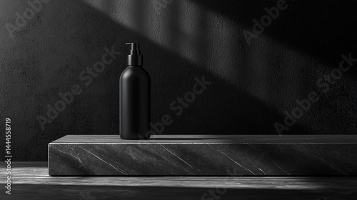 Dark, minimalist black bottle on a marble platform