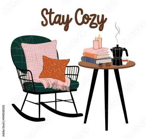 A cozy scene with a chair, a table, a bookcase, and a coffee pot. The chair is covered with a blanket and a pillow. The table has a bookcase with many books and a coffee pot