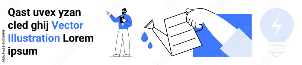 Man standing with tablet, watering can pouring drops on a document, bulb representing energy. Ideal for growth, innovation, technology, strategy, sustainability, analytics simple landing page Man standing with tablet, watering can pouring drops on a document, bulb representing energy. Ideal for growth, innovation, technology, strategy, sustainability, analytics simple landing page