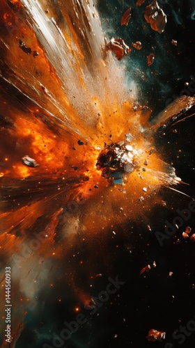 Asteroid Impact Explosion with Debris in Space