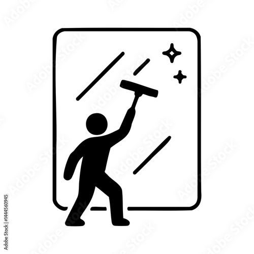 Black and white icon-style image of a stick figure using a squeegee to clean a glass window, symbolizing cleanliness and maintenance.