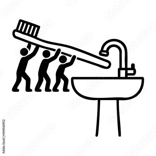 Creative black and white drawing of stick figures lifting a huge toothbrush toward a bathroom sink, symbolizing teamwork and hygiene.