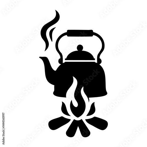Black silhouette of a kettle boiling over an open campfire, perfect for camping, outdoor cooking, or adventure themes.