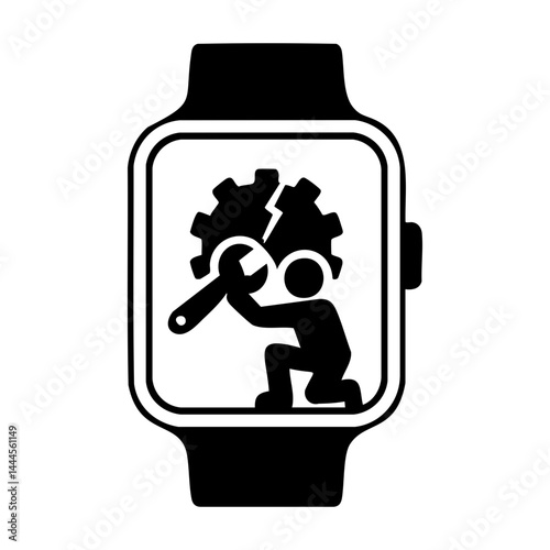 Vector graphic of a person fixing a broken gear inside a smartwatch, symbolizing smartwatch repair, maintenance, and wearable technology support.