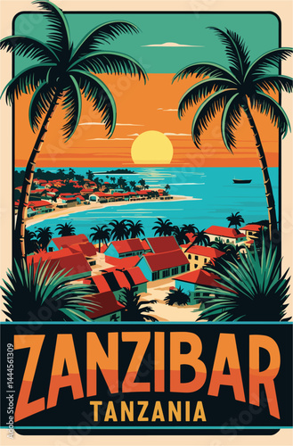Zanzibar, Tanzania travel destination poster in retro style. Colorful vector art illustration