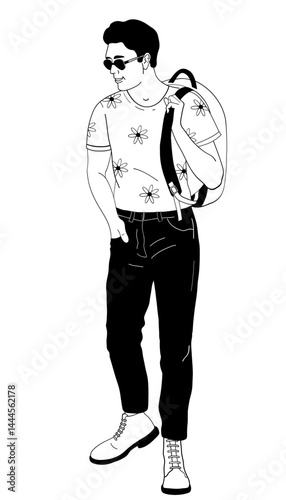 Man with backpack in daisy pattern shirt black and white vector illustration