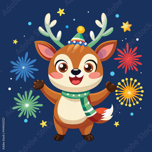 Explore a festive cartoon illustration of a cute reindeer with fireworks, perfect for celebratory designs and mascots. Ideal for playful icons and holiday graphics.
