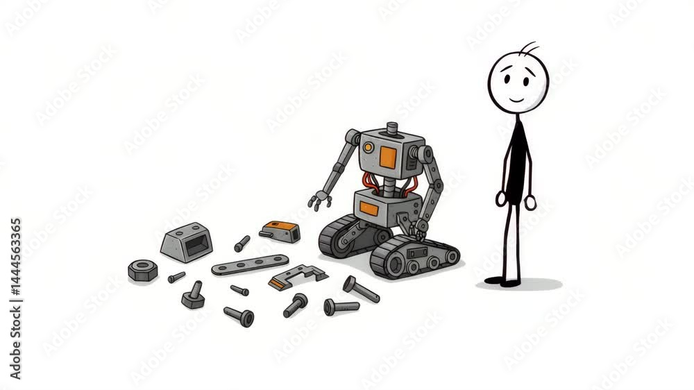 animated line figure character building a robot