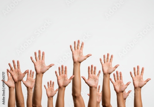 A group of arms raised in the air with hands open against a white background in a studio setting
