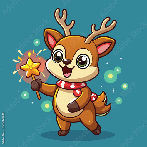 Enjoy a delightful cartoon illustration of a cute reindeer playing with fireworks, perfect for festive designs and mascots. Ideal for playful icons and holiday graphics.

