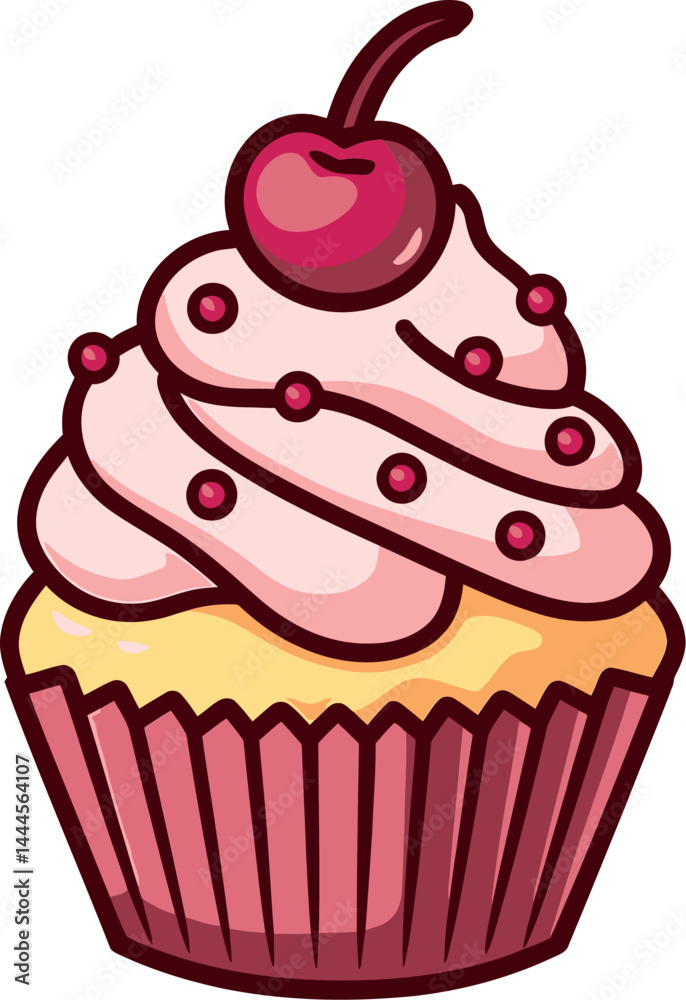 Cute Kawaii Cupcake with Pink Frosting and Cherry Topping Illustration Cute Kawaii Cupcake with Pink Frosting and Cherry Topping Illustration