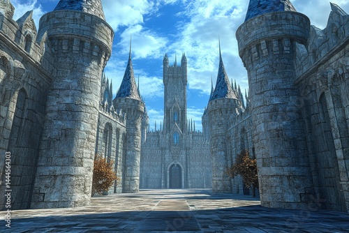 Expansive castle courtyard with towering spires under a clear blue sky, Expansive castle courtyard with towering spires, Seamless ing Photo background