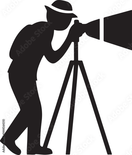 A silhouette of a photographer with a camera and a man with a telescope suggests a professional in photography or a journalist using technology for observation
