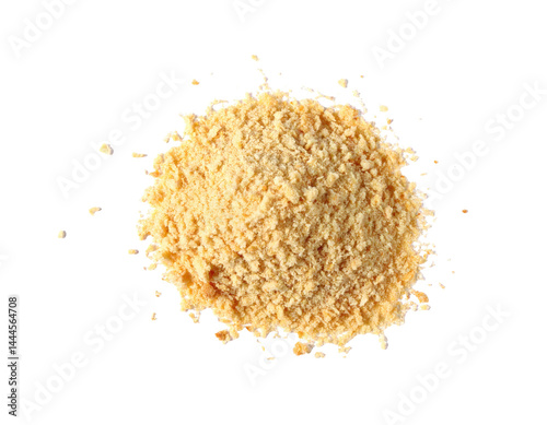 ground biscuit crumbs flying, isolated on white, top view, clipping path, shoot from far 
