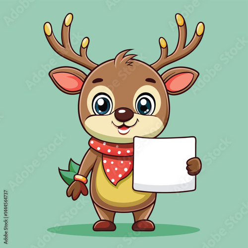 Discover a charming cartoon illustration of a cute reindeer holding a blank text board, perfect for versatile designs and mascots. Ideal for playful icons and festive graphics.
