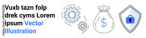 Gear mechanism, moneybag with dollar symbol, and a shield with a lock symbolizing financial growth, strategy, and security. Ideal for finance, innovation, business, banking investment protection