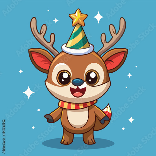 Discover an adorable cartoon illustration of a cute reindeer wearing a party hat, perfect for festive designs and mascots. Ideal for playful icons and holiday graphics.

