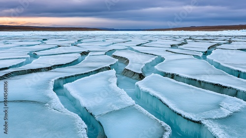 Stunning winter landscape showcasing a frozen lake fractured into icy patterns under a dramatic sky
