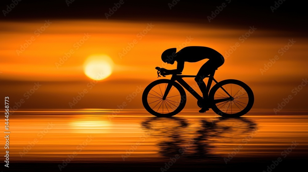 Obraz premium Silhouette of a cyclist riding a bicycle at sunset on water