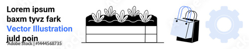 Gardening planter with growing plants, shopping bag, and gear shape. Ideal for sustainability, eco-business, gardening, shopping, eco-design, collaboration flat landing page banner