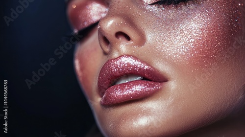 Glitter glam makeup with sparkling eyeshadow and glossy lips