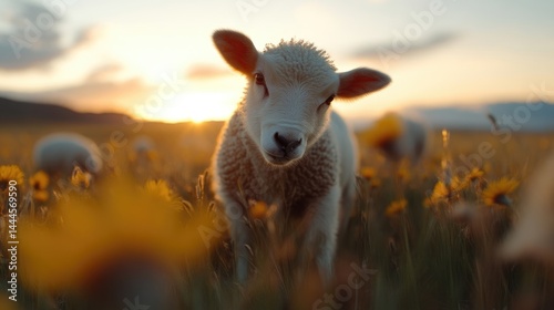 Cute lamb in a field at sunset