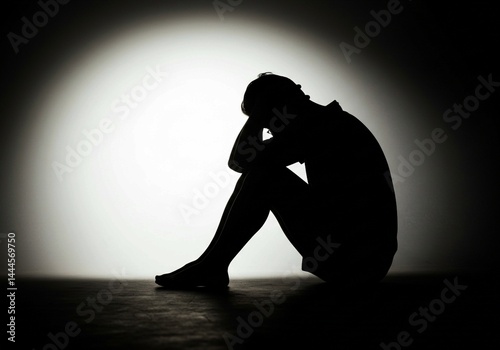 The silhouette of a forlorn man, seated alone next to a cold, rough concrete wall, conveys the anguish of addiction, be it to alcohol or drugs, and the debilitating effects of anxiety on mental , blac