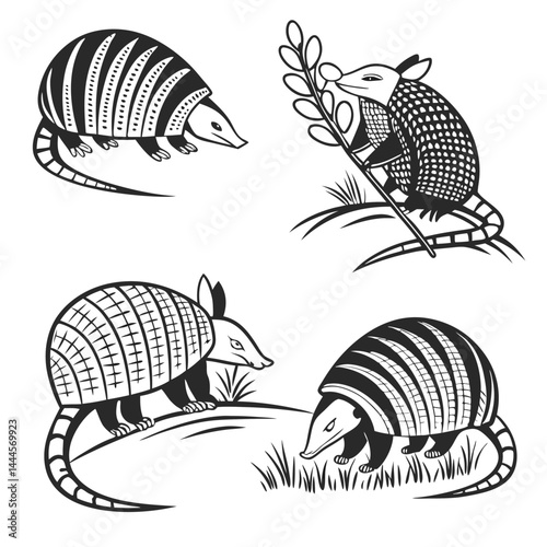 Armadillo Silhouette Set with Textured Shells Black & White Animal Illustrations