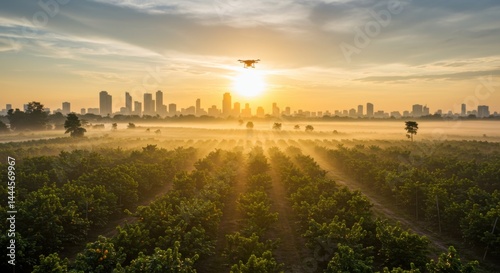 Sunrise over a city and agricultural field
