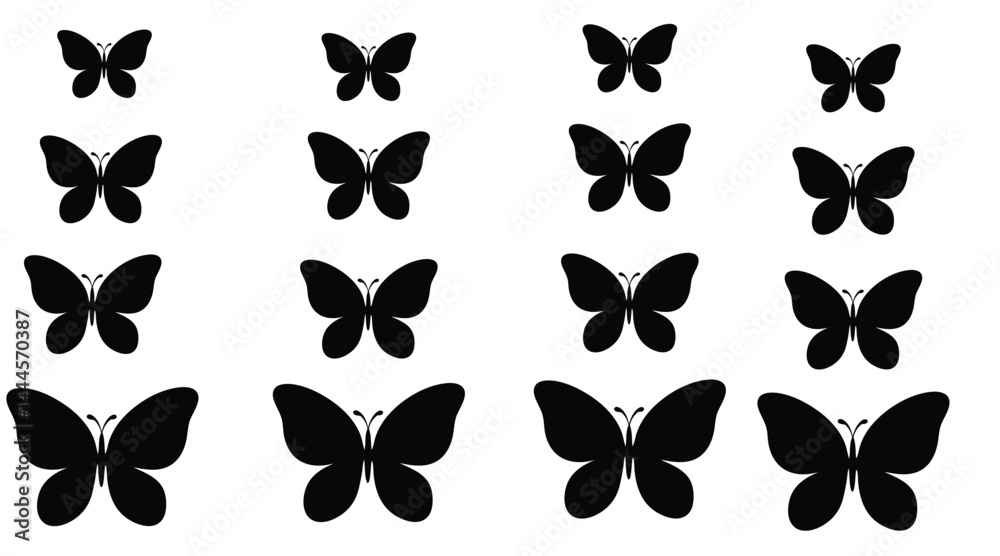 Fototapeta premium Flying Butterflies Silhouette Set – Black and colourfull Vector Isolated on white Background