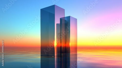 Three glass structures are reflecting the vibrant sunset sky colors