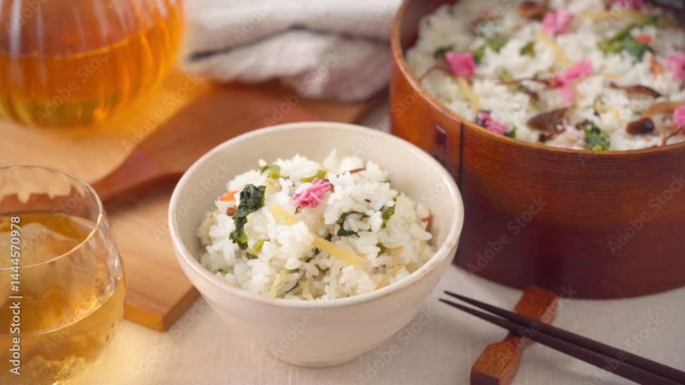 桜の塩漬けを添えた春野菜の混ぜご飯 桜の塩漬けを添えた春野菜の混ぜご飯