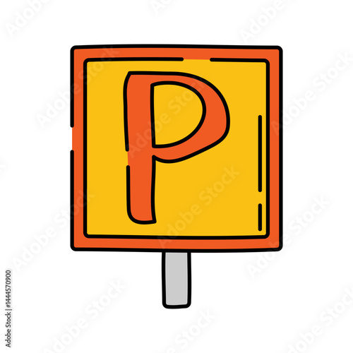 Parking Sign Handdrawn style, yellow square P sign, used in transportation maps location icons and car parking-related illustrations