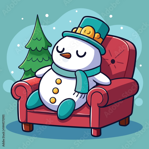 Discover the cozy charm of a cute snowman sleeping on a sofa in this adorable mascot cartoon illustration. Perfect for winter-themed projects and digital art enthusiasts, this design adds a whimsical 