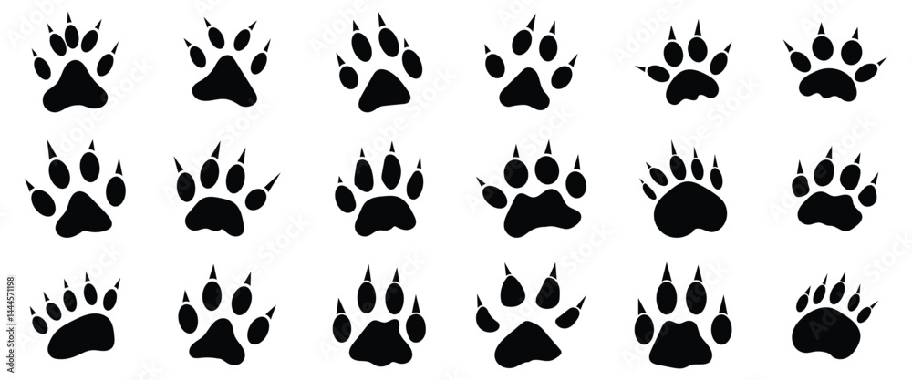 Fototapeta premium Webwildlife, beasts, footprints, trails, vector, animals, footmarks, paws, prints, cow, bear, goat, sheep, avian, creatures, deer, fox, black, paw, white, background, pattern, set, icon, imprint, foo